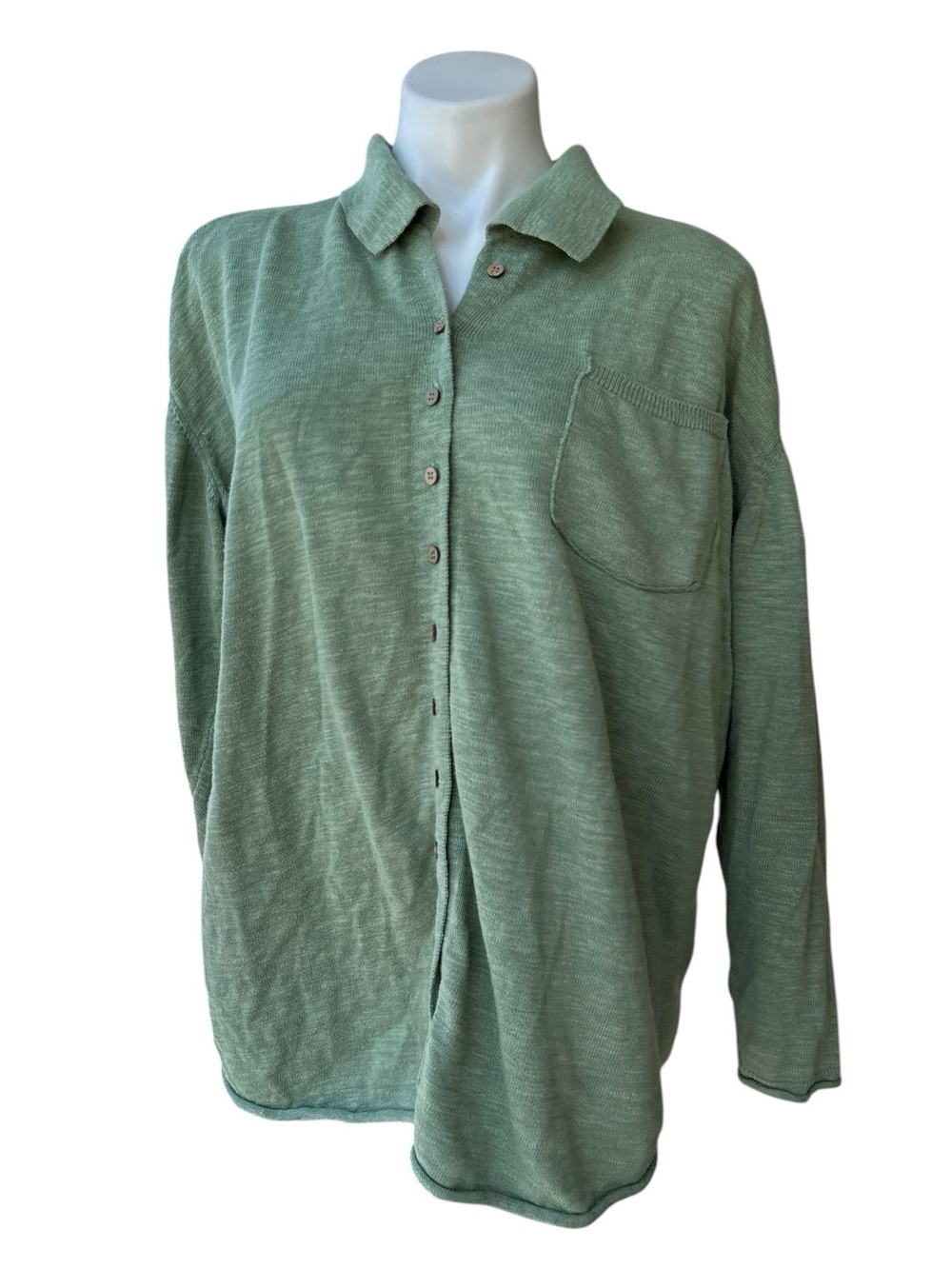 Free People Beach Oversized Green Button Up Linen Blend Sweater Medium - Picture 4 of 13